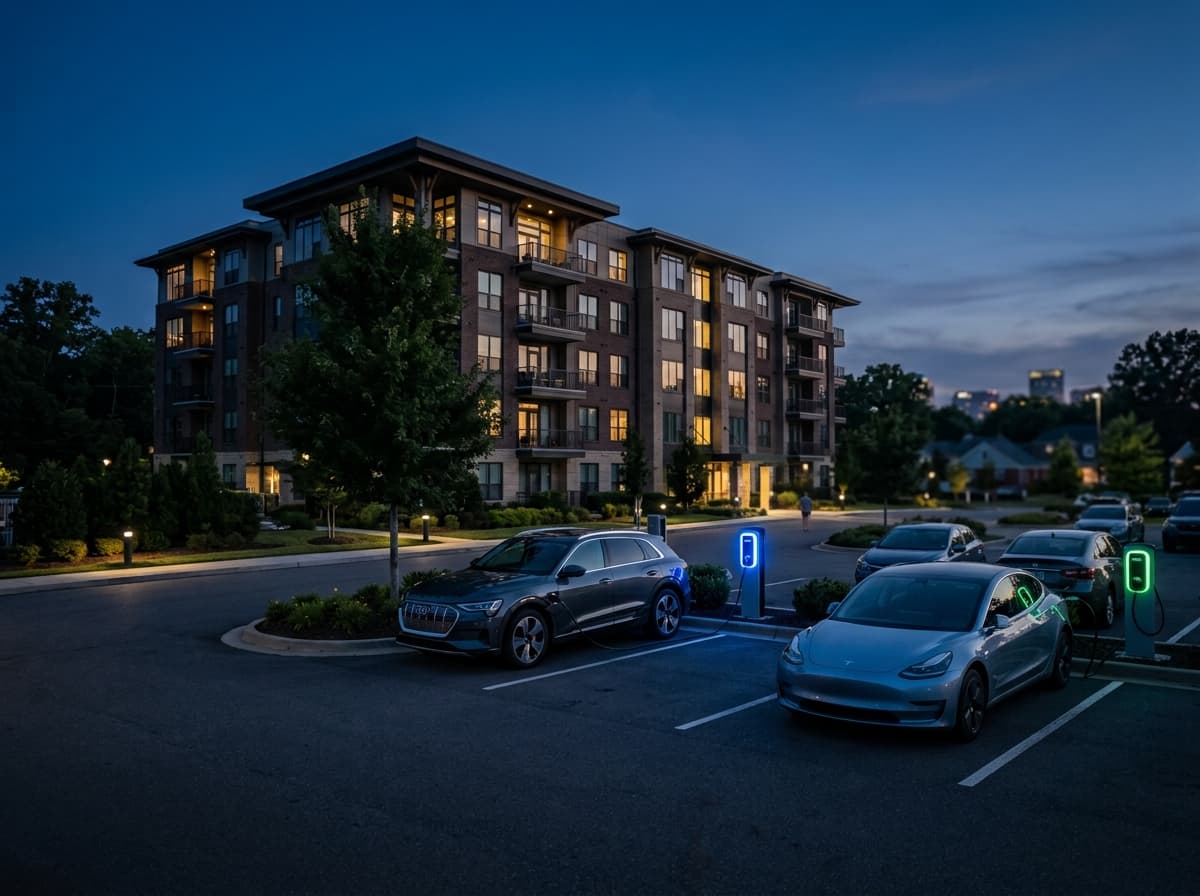 Modern apartment community parking garage with Level 2 chargers