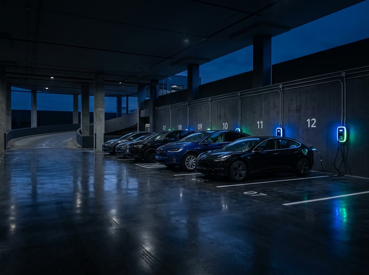 Residential garage with EVs charging overnight