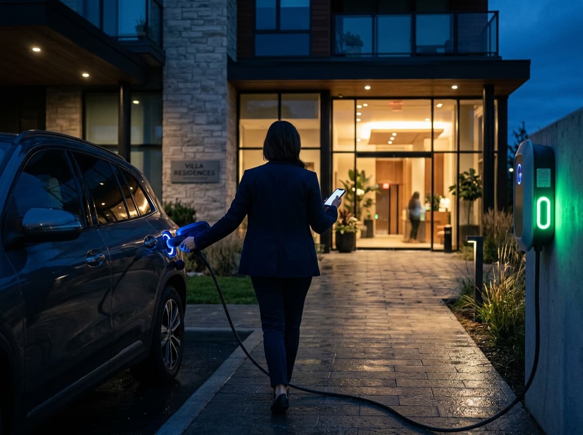 Resident walking from their charging EV into a modern apartment lobby at dusk