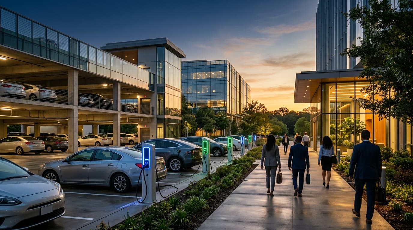 Class A office campus parking with EVs charging during the workday