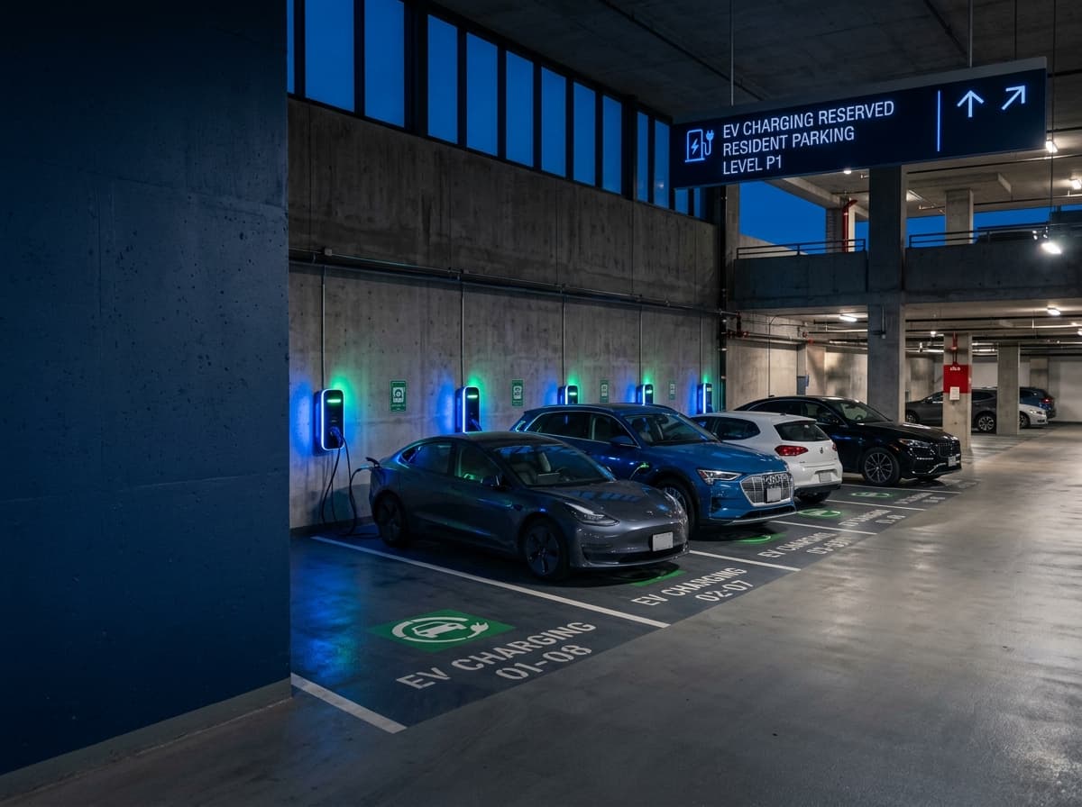 Condominium tower shared garage with managed charging bays