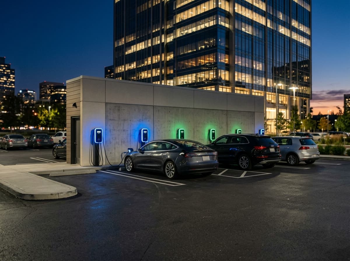 Office campus parking structure with Level 2 charging row